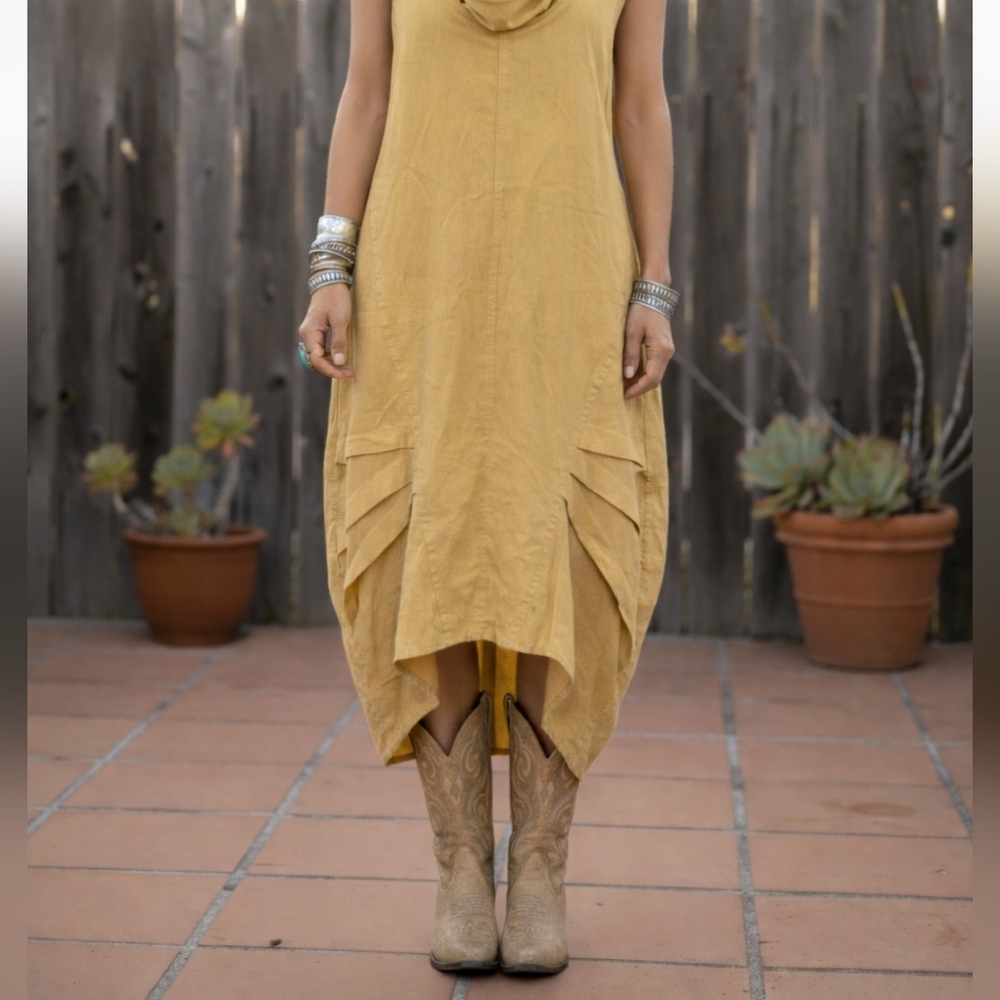 Cynthia Rowley Mustard Yellow Linen Blend Architectural Boho Maxi Dress Sz  S